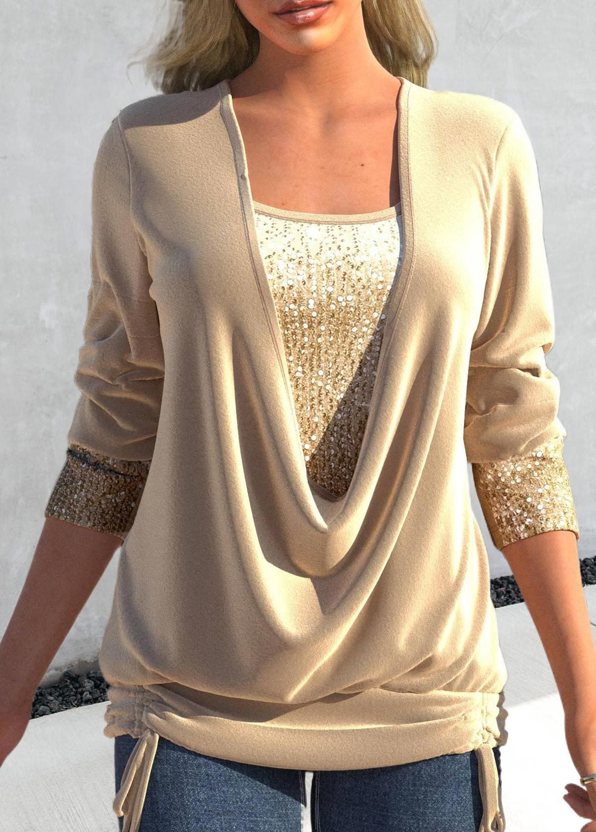 Women's Sequin Contrast Solid Color Long-sleeved Large Drop Collar Blouses