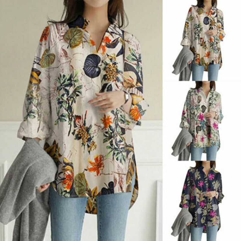 Long Sleeve Loose Large Linen Printed Blouses