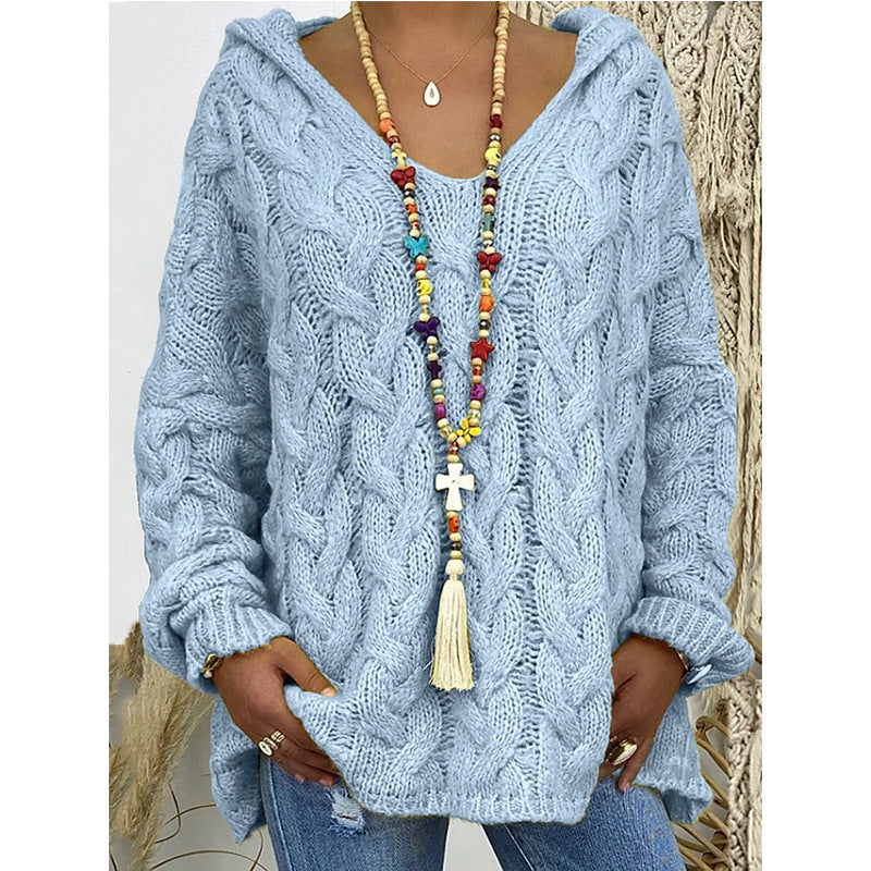 Women's Long Sleeve Hood Knitted Loose Pullover Sweaters