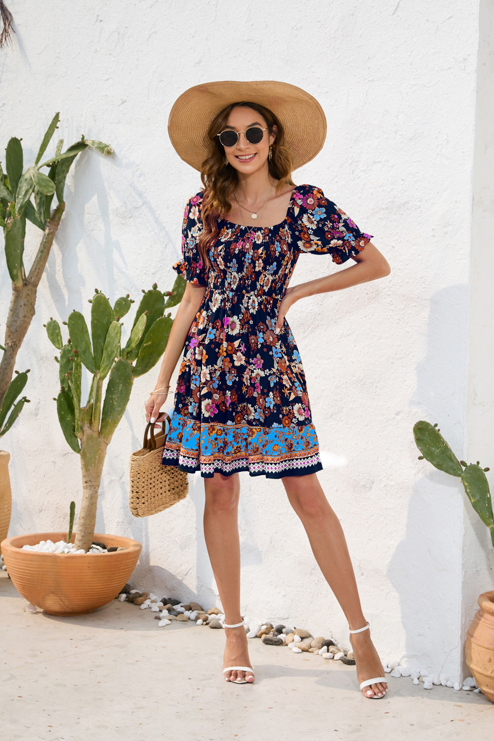 Women's Floral Printed Dress Bohemian Leisure Vacation Dresses