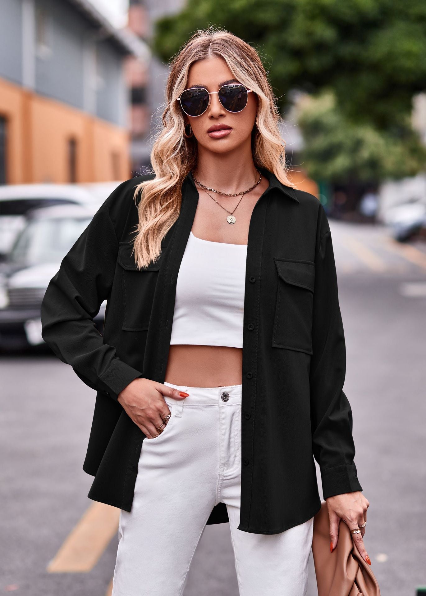 Commute Double Pocket Solid Color Single-breasted Long Blouses