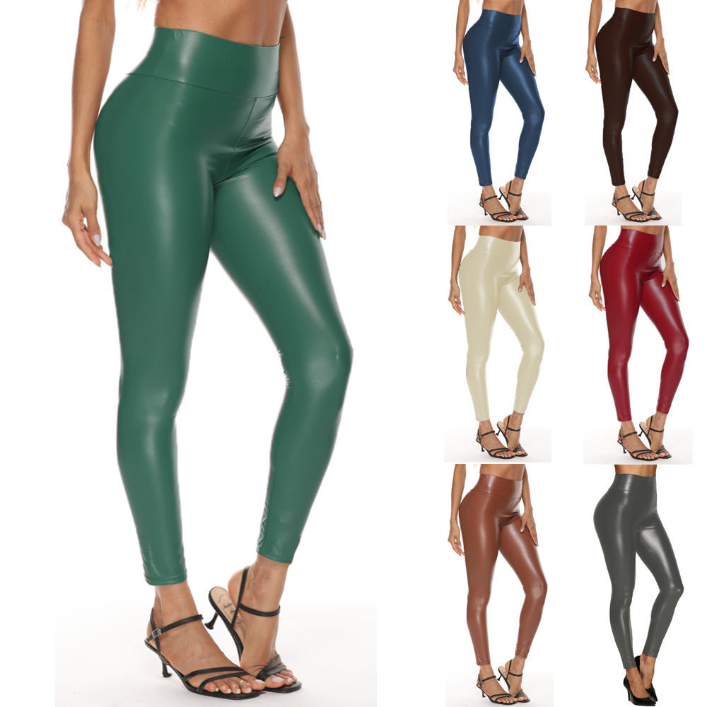 Women's High Waist Leather Stretch Hip Bright Leggings