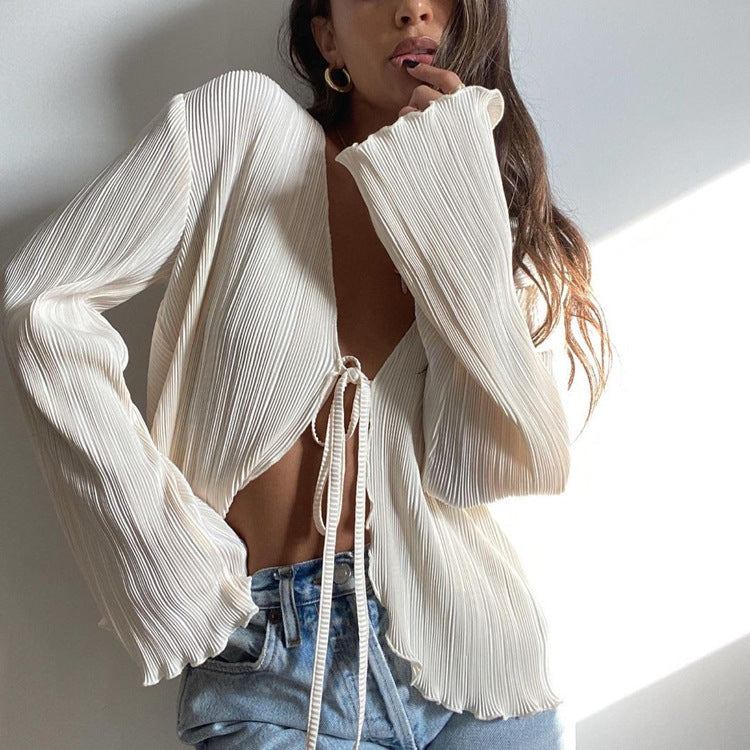 Women's Sexy Hot Slim Flared Long Sleeve Pleated Blouses