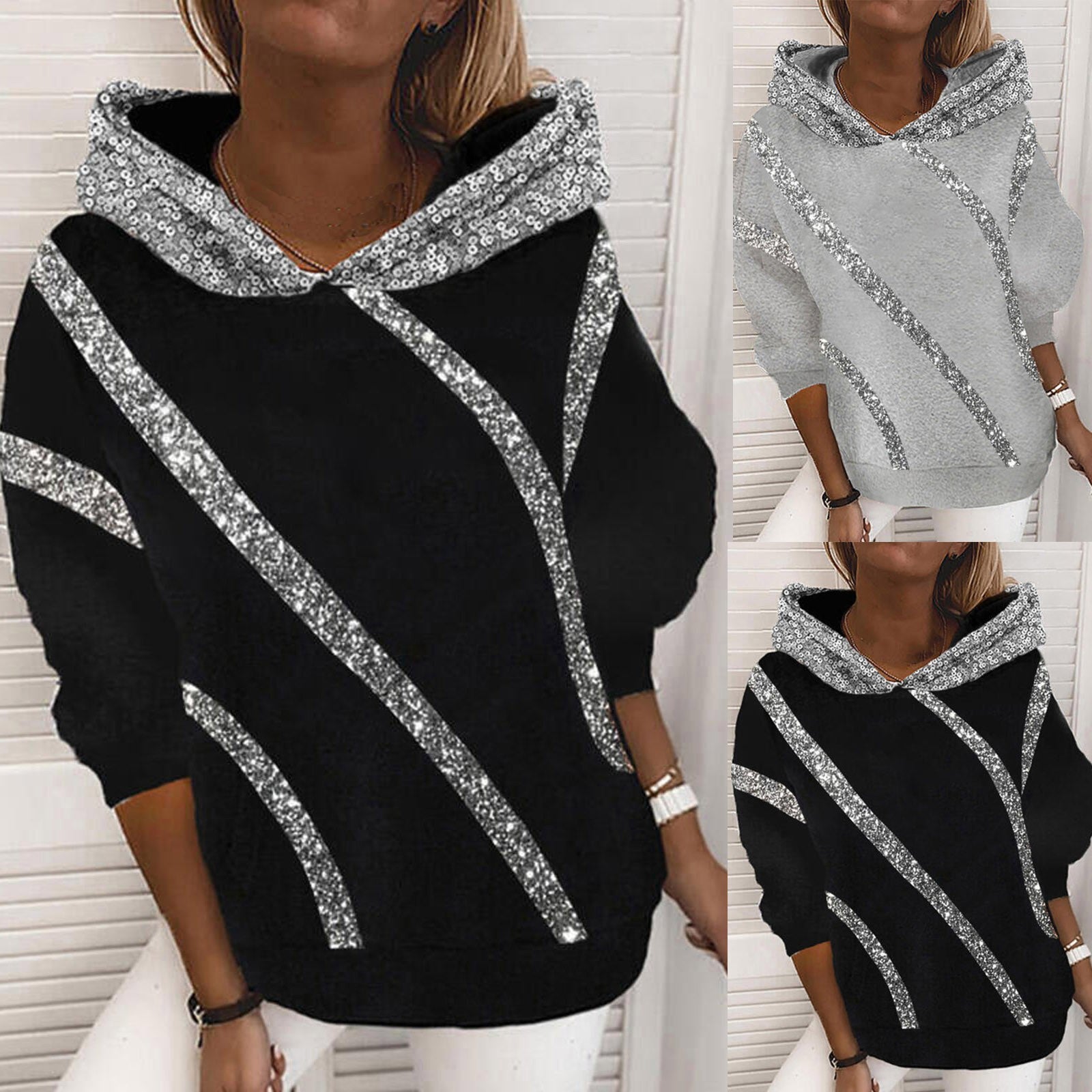 Popular Women's Sequined Printed Loose Hooded Sweaters