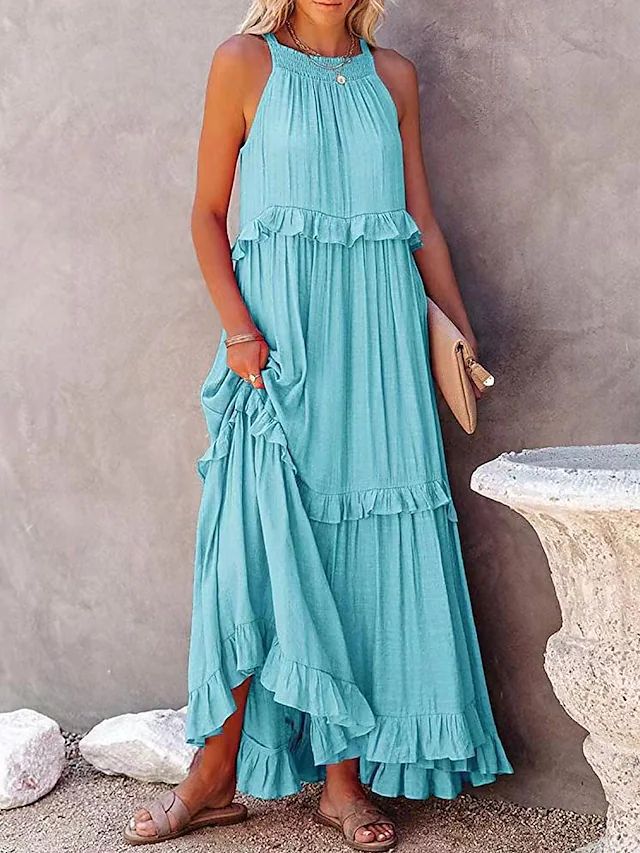 Women's Style Ruffled Long Dress Wide Hem Dresses