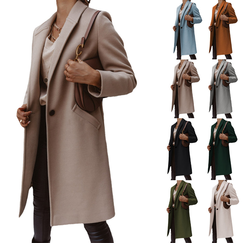 Women's Color Polo Collar Mid-length Button Woolen Coats