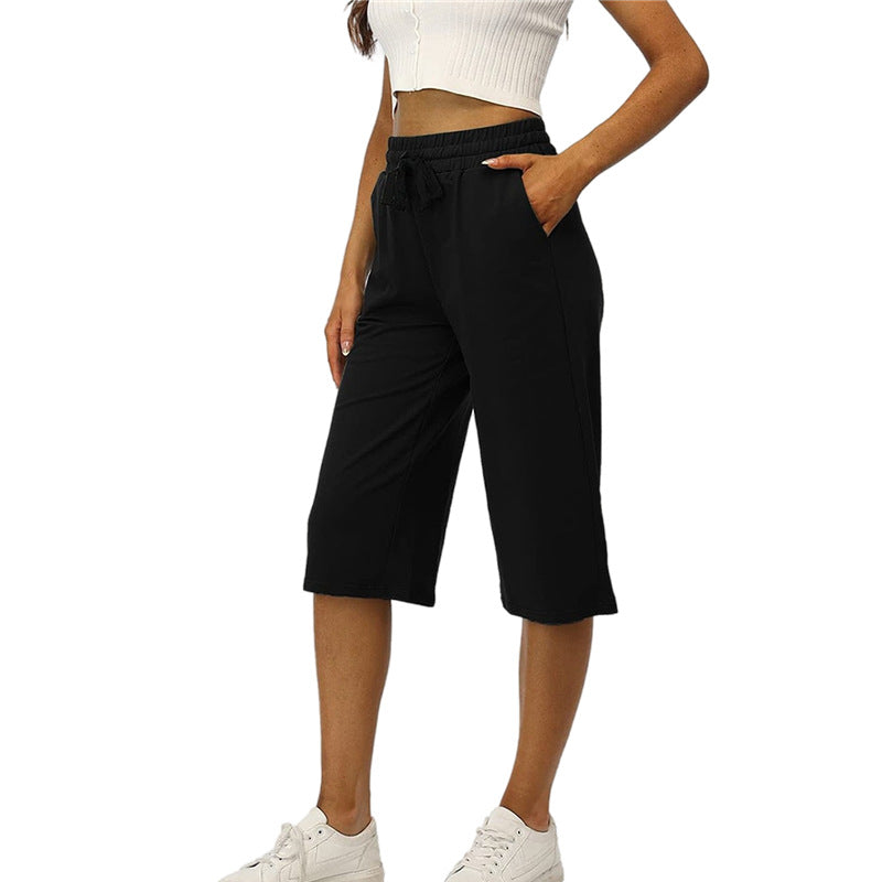 Women's Waist Casual Sports Three-quarter Length Wide Pants