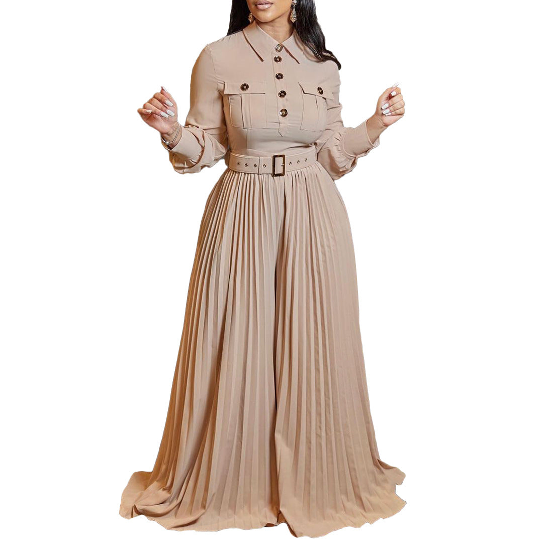 Women's Long-sleeved Casual Loose Pleated Wide-leg Belt Pants