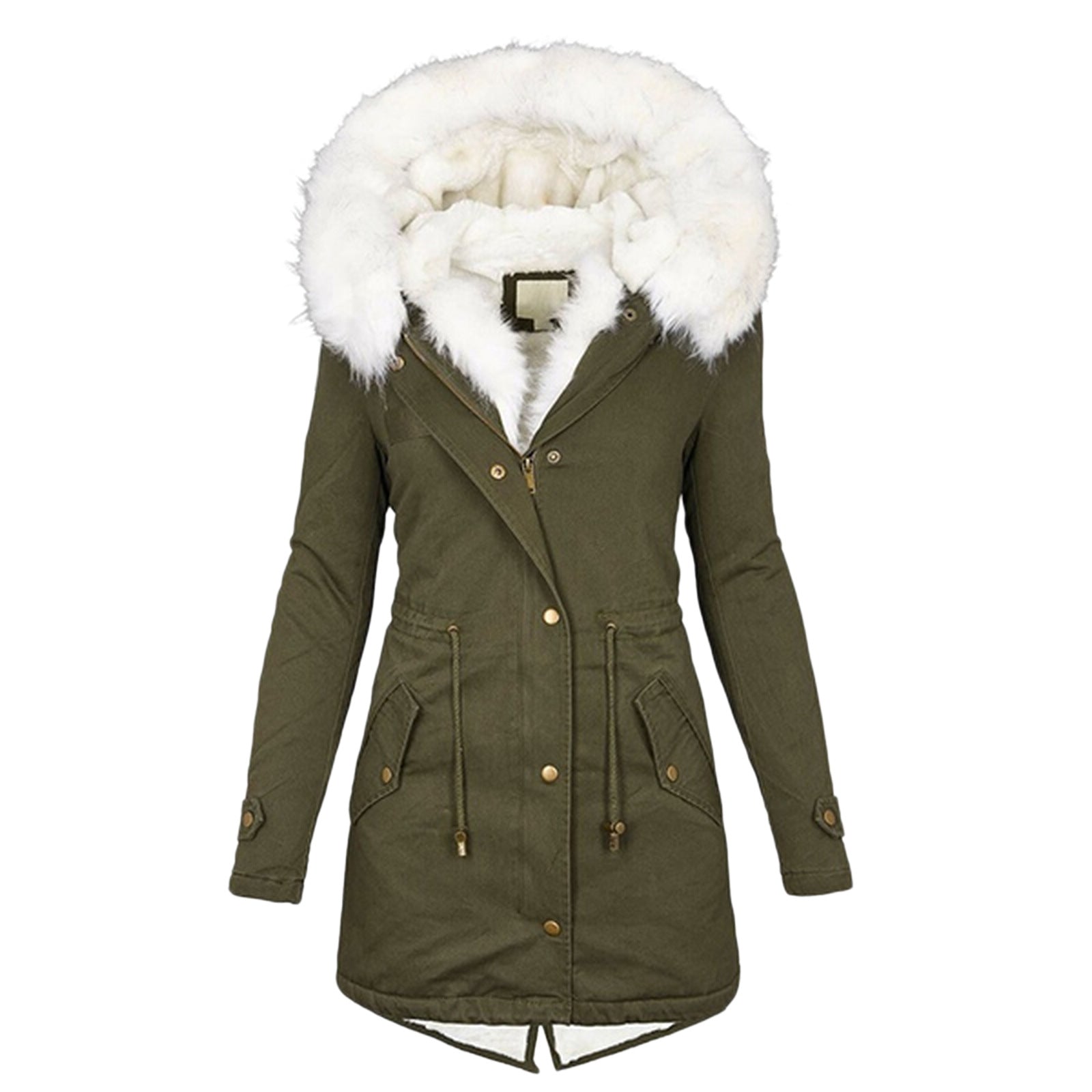 Women's Mid-length White Fur Collar Hood Warm Coats