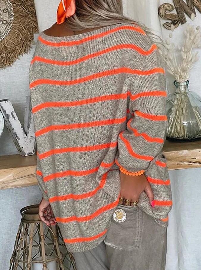 Women's Solid Color Contrast Striped Pullover Round Sweaters