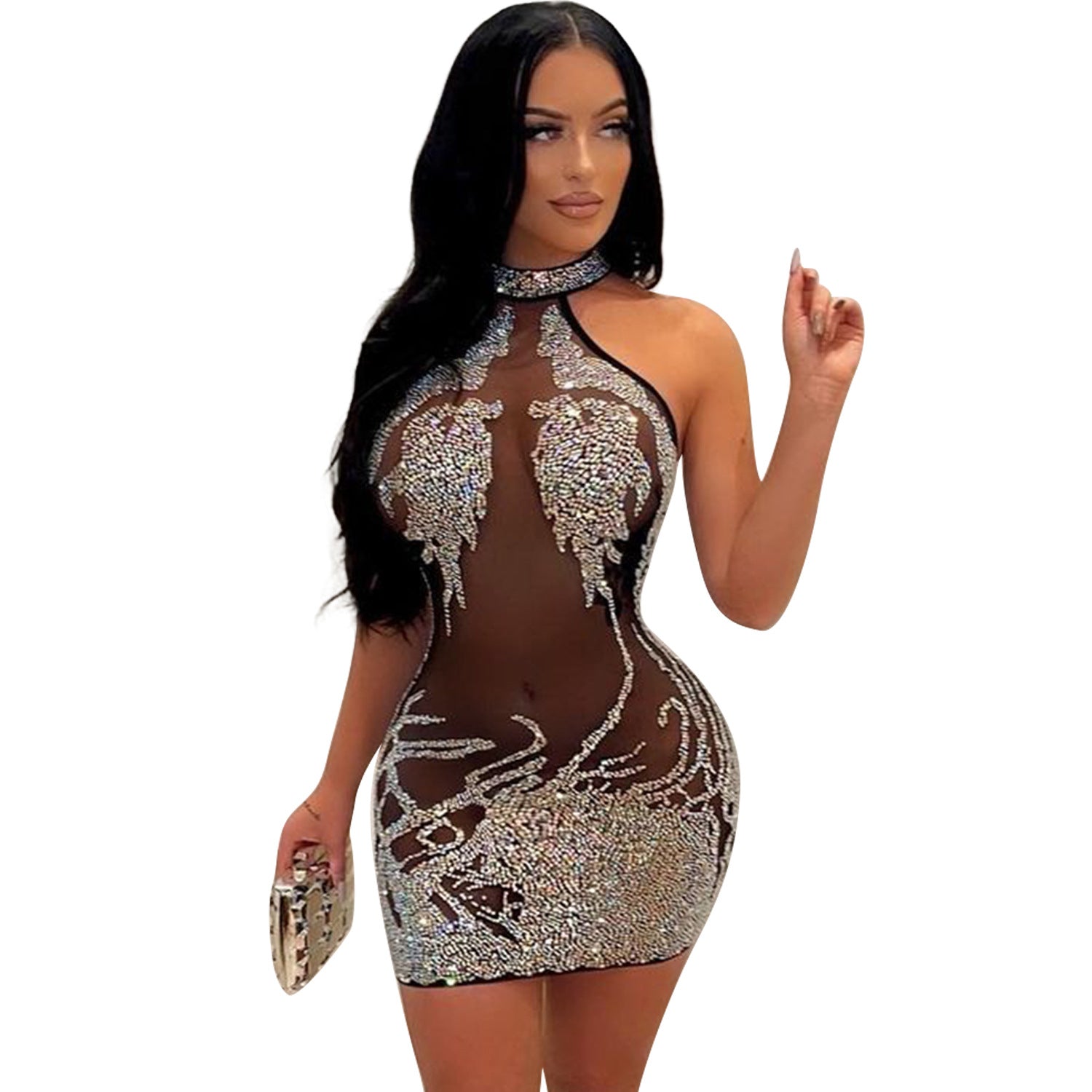 Women's Summer Sexy Tight Mesh Rhinestone Nightclub Dresses