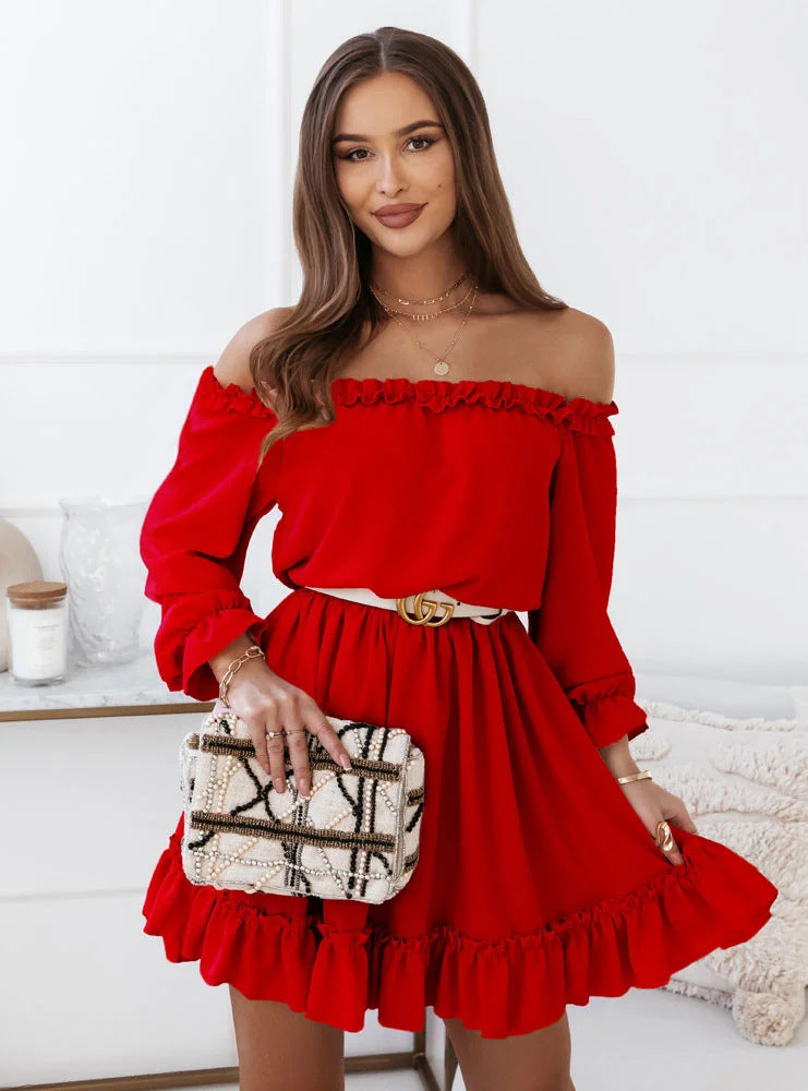 Women's Solid Color Sweet Long Sleeve Waist Dresses