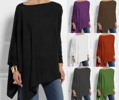 Long Sleeve Irregular Solid Color Pullover T-shirt Casual Tops