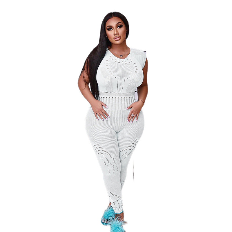 Women's Sexy Jacquard Hollow Solid Color High Jumpsuits