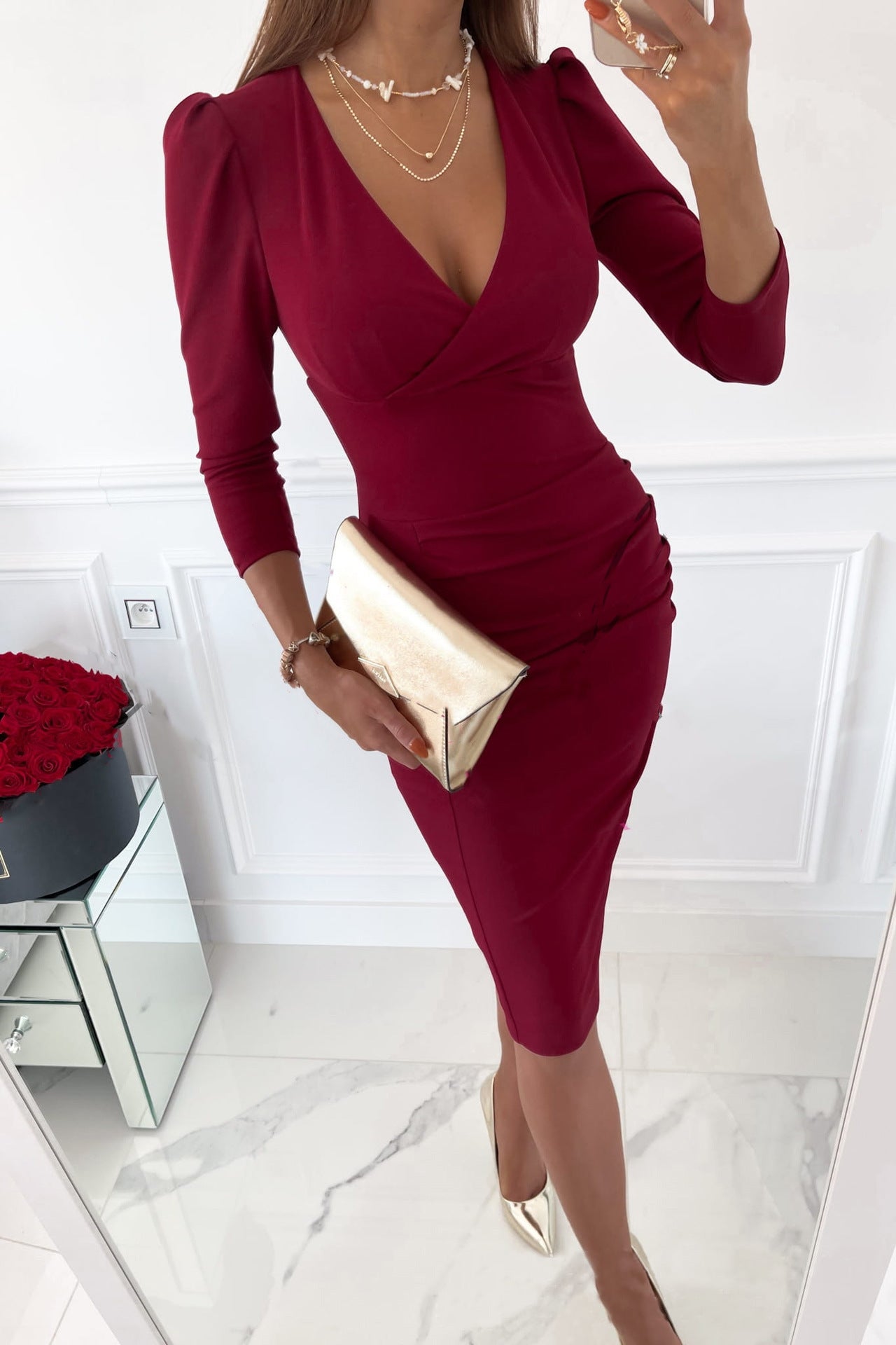 Women's Autumn Collar Sexy Temperament Commuter Waist-tight Solid Dresses