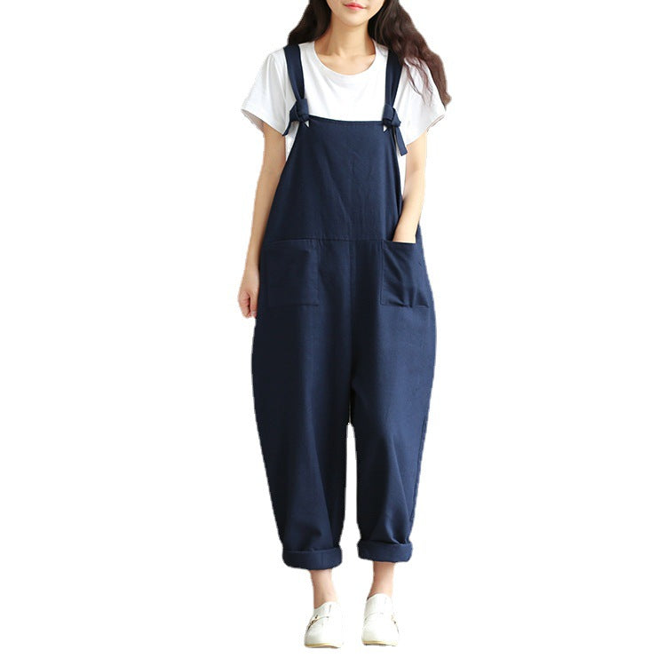 Women's Large Artistic Dark Blue Suspender Casual Pants