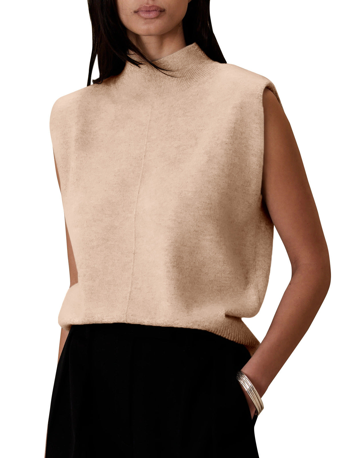 Women's Pure Color Half Collar Sleeveless Fashion Sweaters