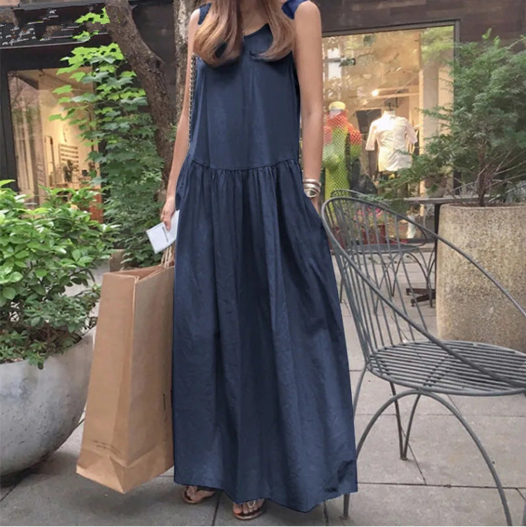 Casual Round Neck Sleeveless Loose Solid Color Dresses