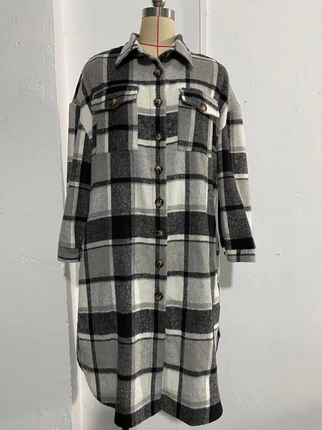 Women's Long Slit Woolen Plaid Trench Coats