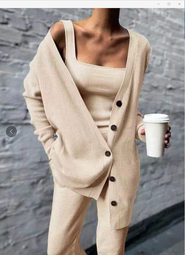 Women's Knitted Three-piece Lady Long Sleeve Solid Sweaters