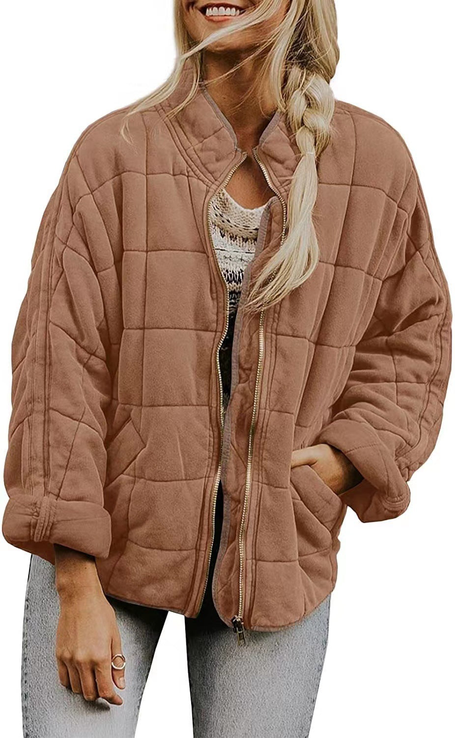 Women's Solid Color Stand-up Collar Loose Pockets Jackets