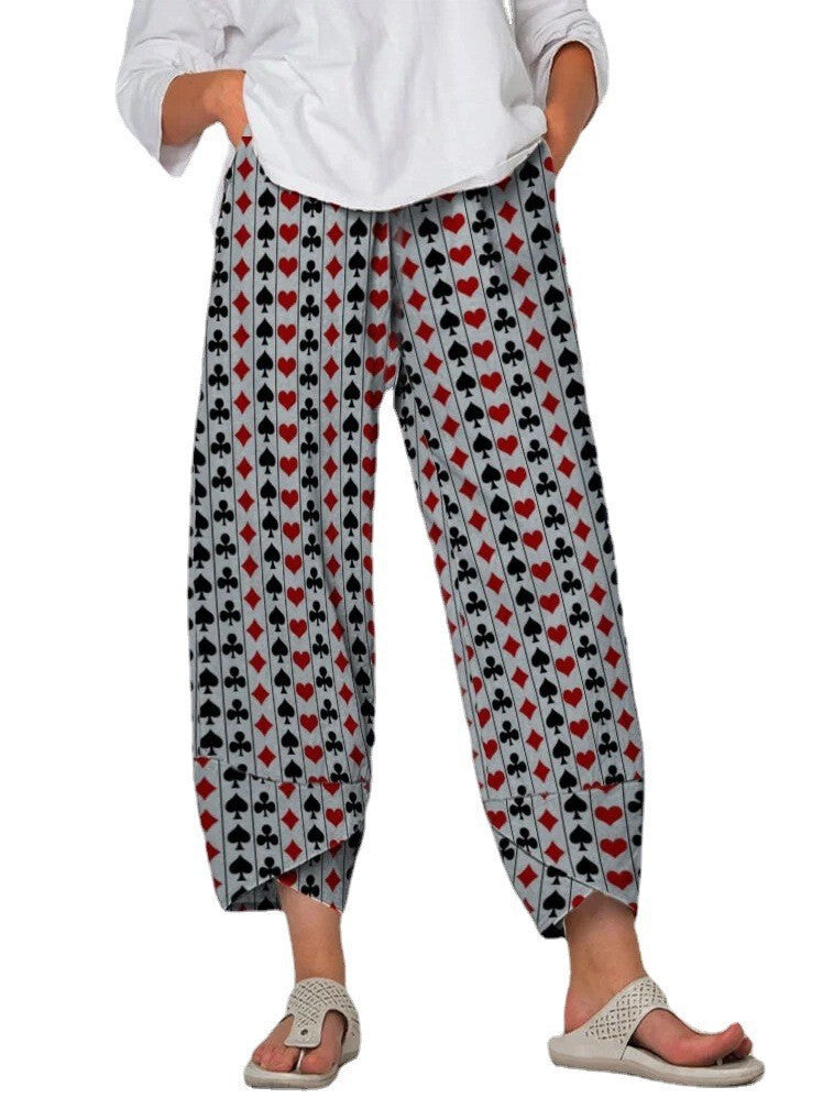 Women's High Waist Gray Printed Stitching Loose Cropped Pants