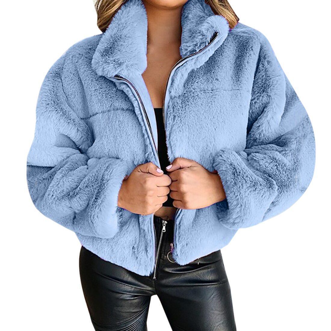 Women's Rabbit Fur Imitation Zipper Warm Plush Cardigans