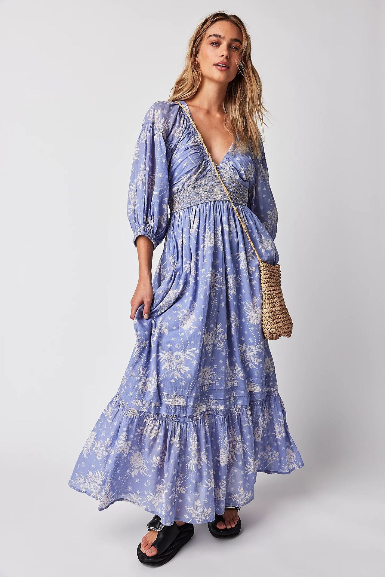 Print Sleeve High Waist Smocking Pleated Dresses