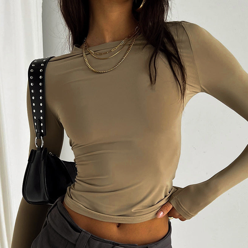 Women's Color Round Neck Slim Fit Long Blouses