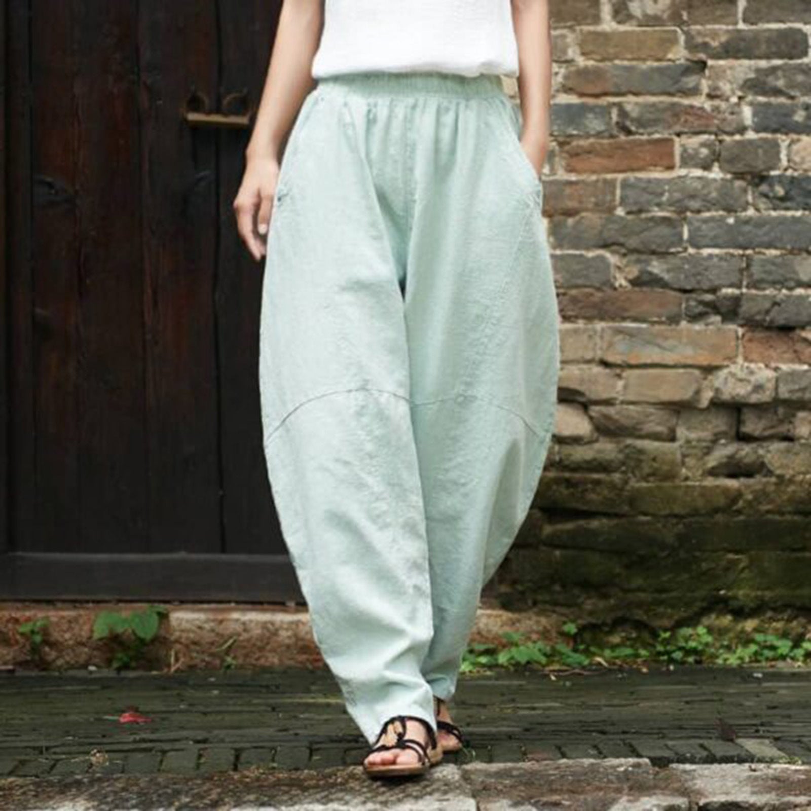 Women's Cotton And Linen Loose Casual Stitching Solid Color Pants