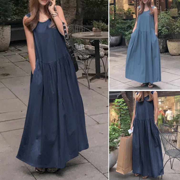 Casual Round Neck Sleeveless Loose Solid Color Dresses