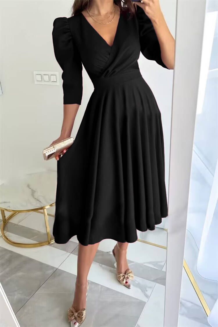 Women's Solid Color Pleated Waist Tight Sleeve Dresses