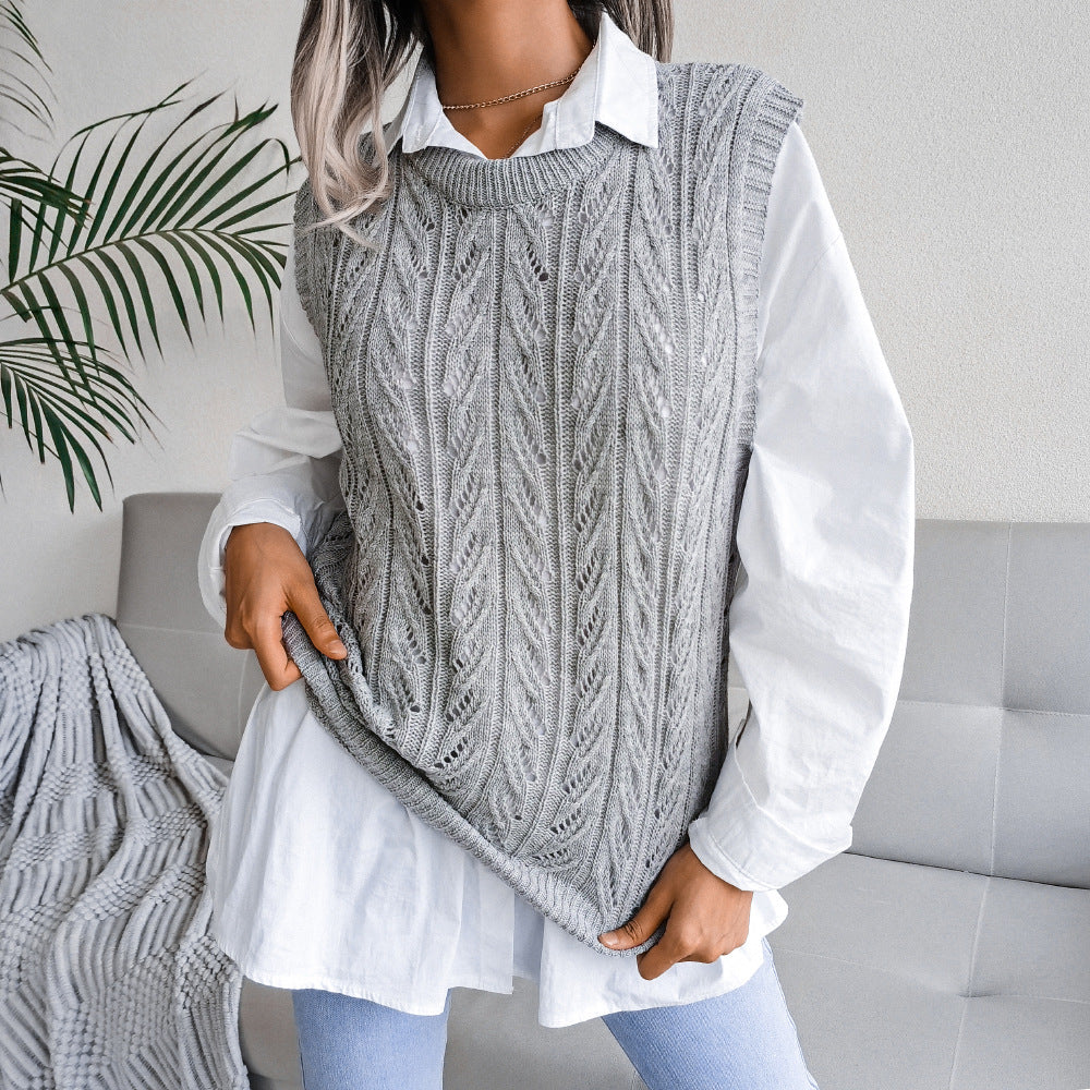 Women's Round Neck Hollow Leaves Casual Knitted Sweaters