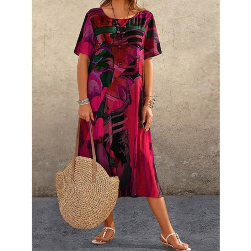 Printing Summer Sleeve Loose Round Neck Dresses