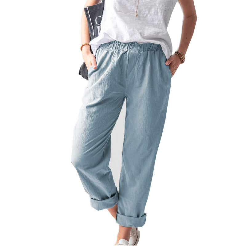 Women's Linen Trousers Solid Color Elastic High Waist Pants