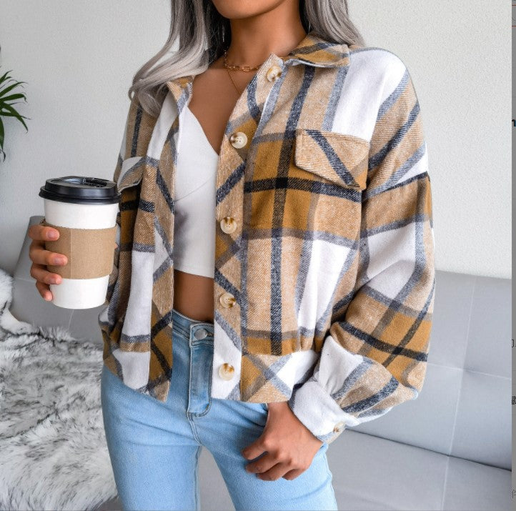 Women's Plaid Lantern Long Sleeve Woolen Coats