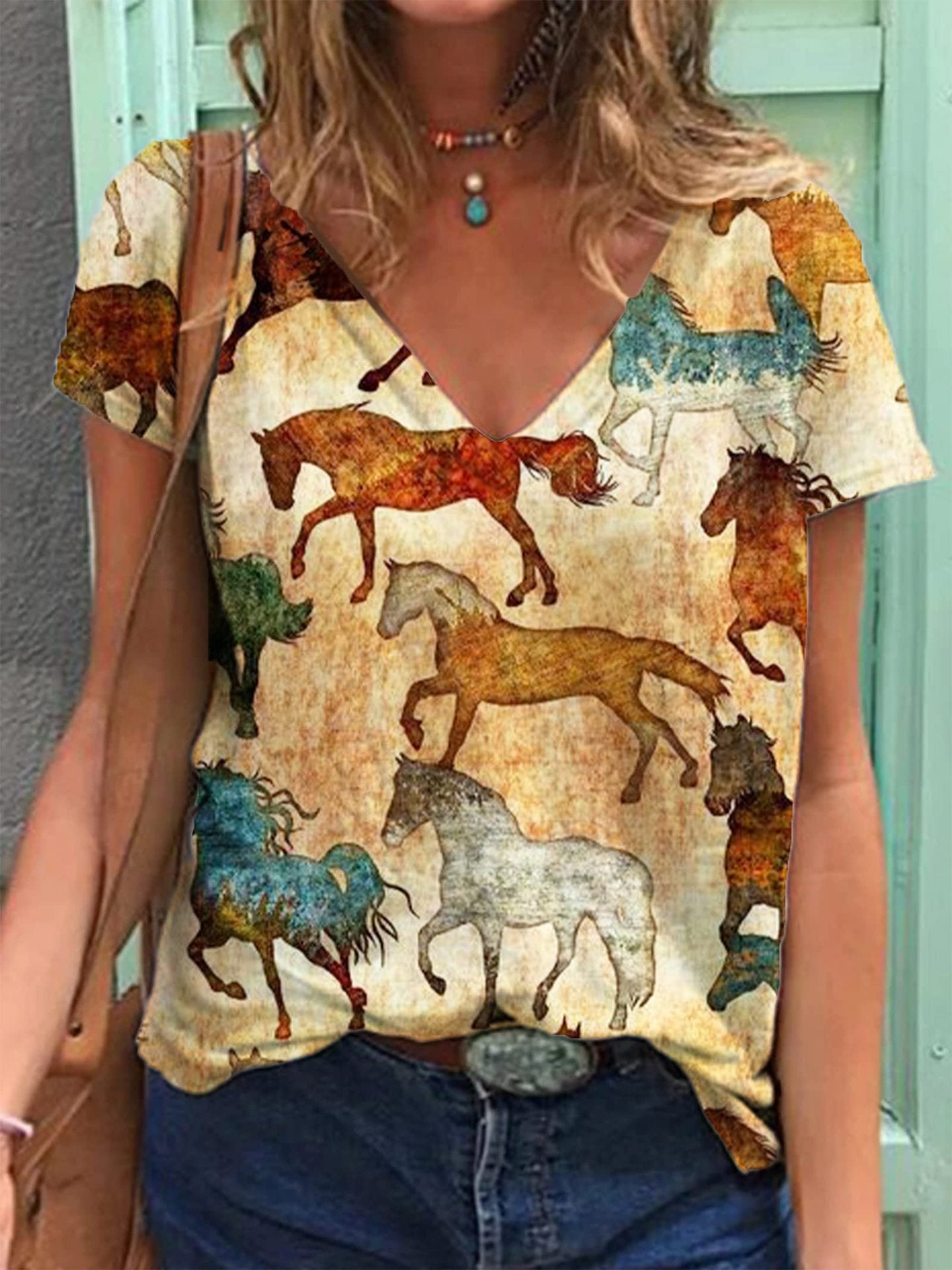 Women's Retro Western Denim Printing Short-sleeved T-shirt Blouses