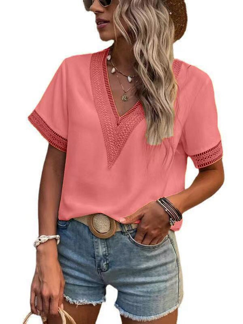 Women's V-neck Lace Casual Solid Color Shirt Blouses