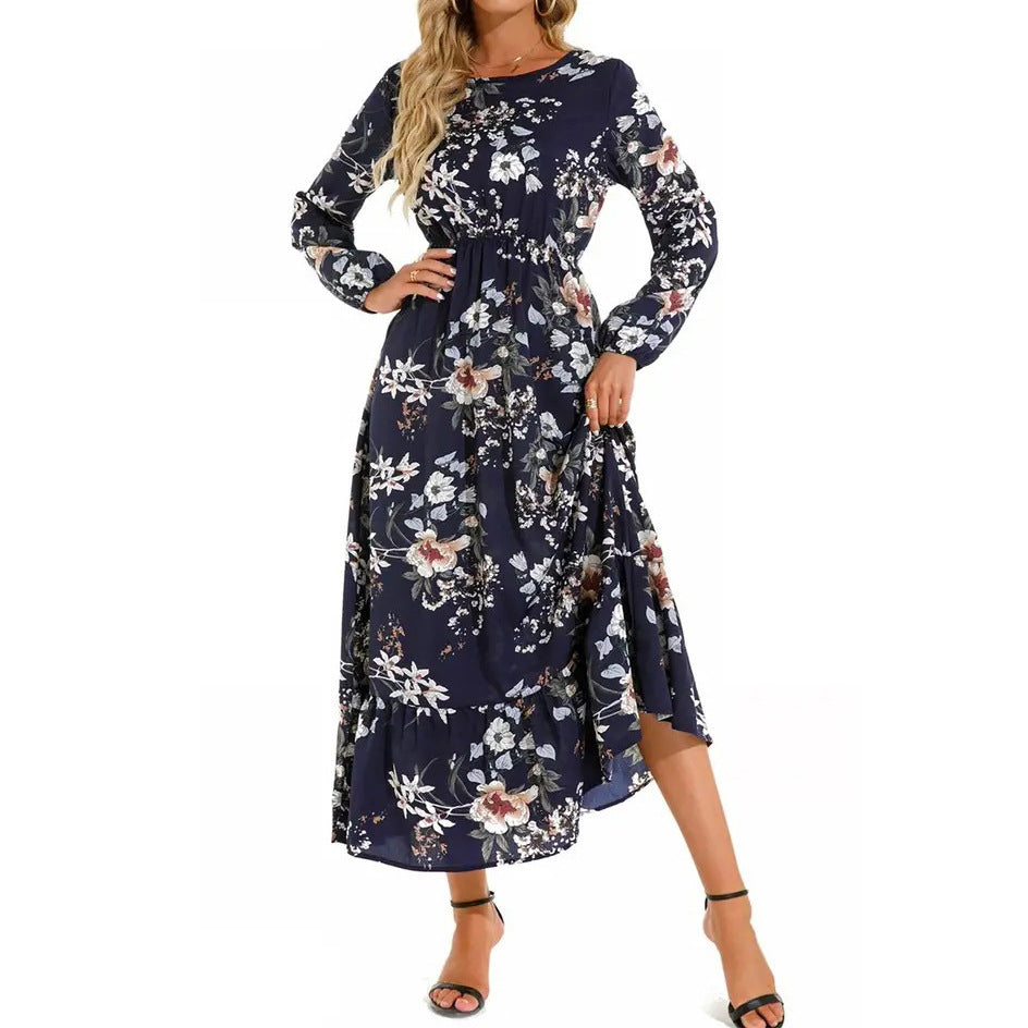 Women's Sleeve Dress Elegant Printed Round Neck Dresses