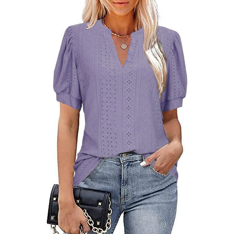 V-neck Solid Color Hollow Puff Sleeve Blouses