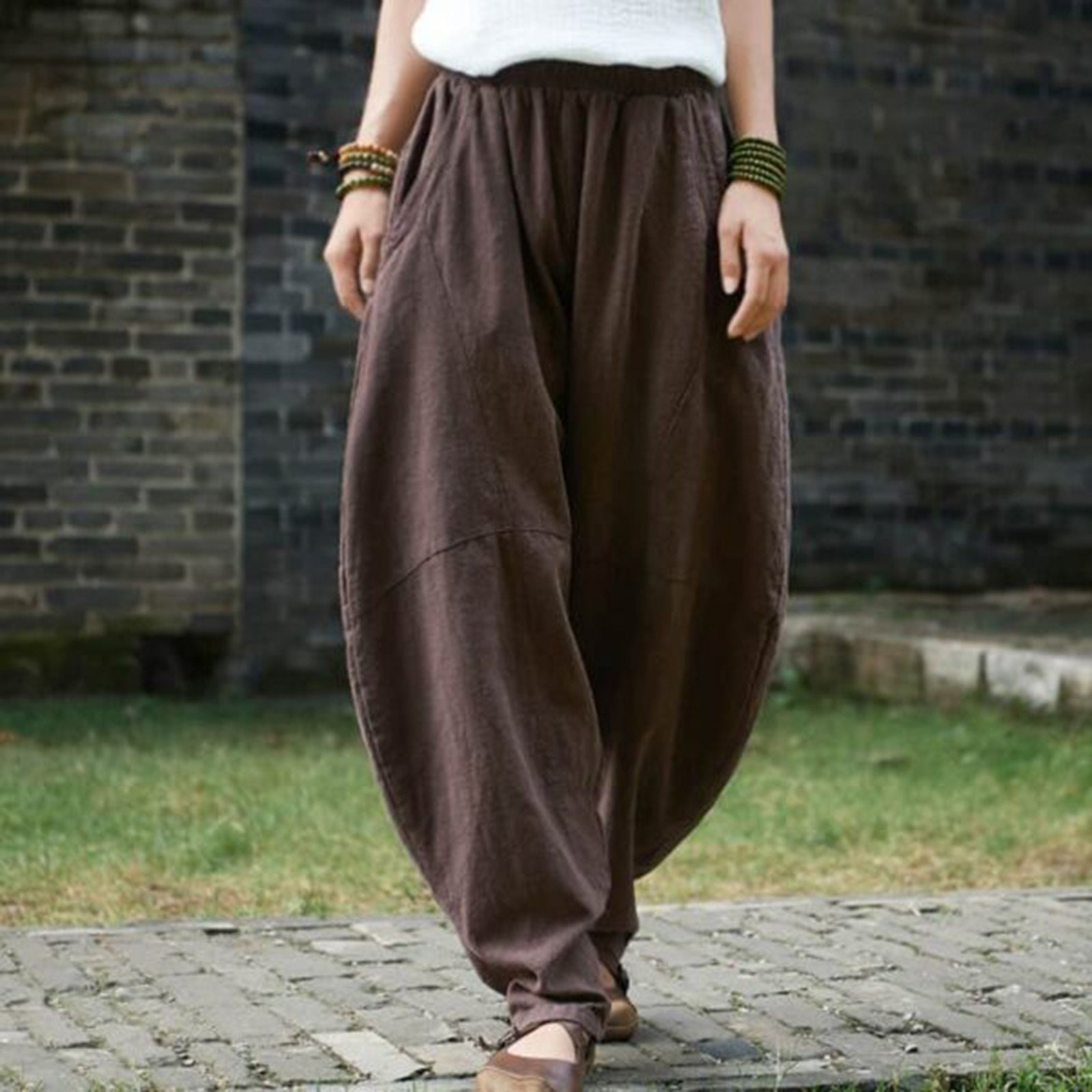 Women's Cotton And Linen Loose Casual Stitching Solid Color Pants