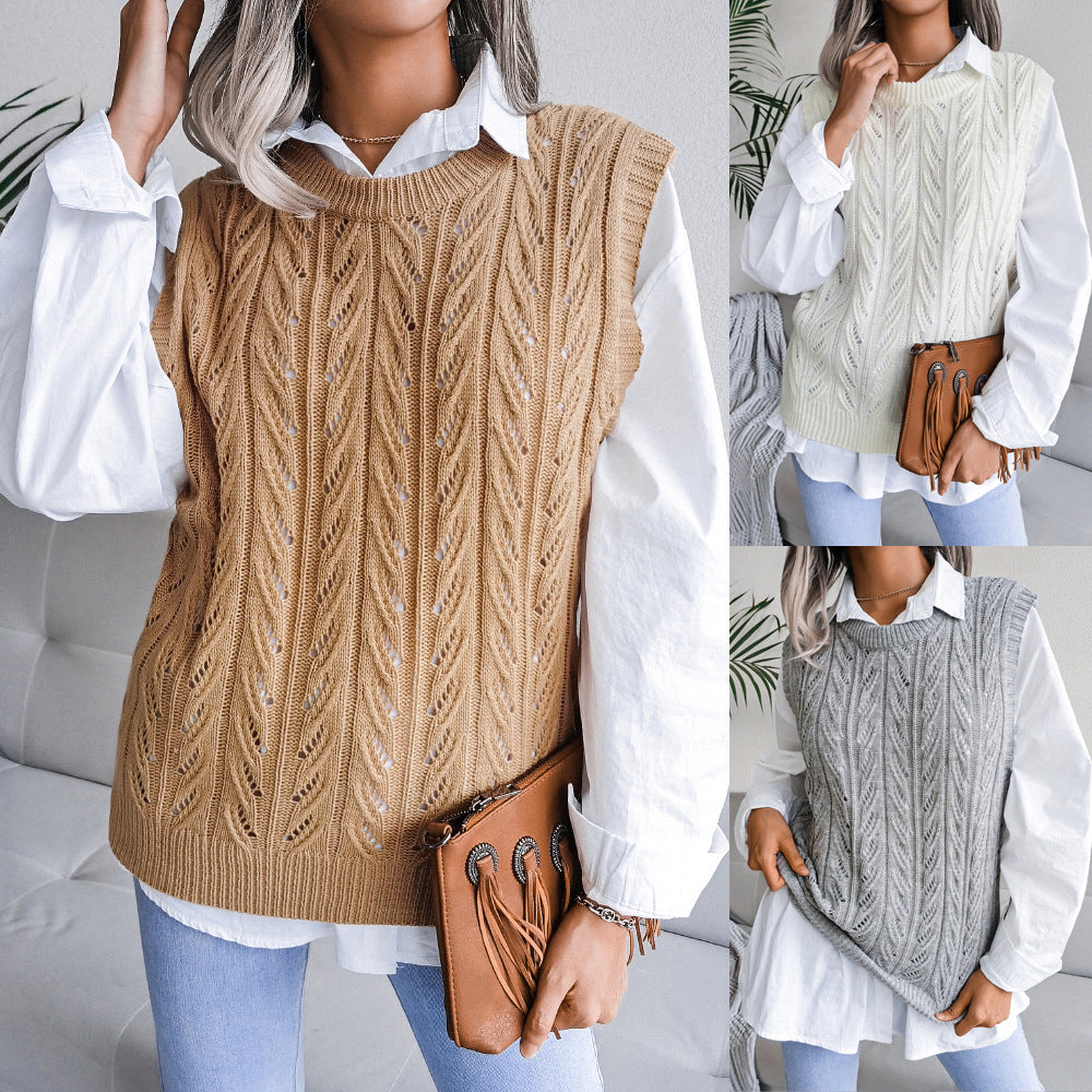 Women's Round Neck Hollow Leaves Casual Knitted Sweaters