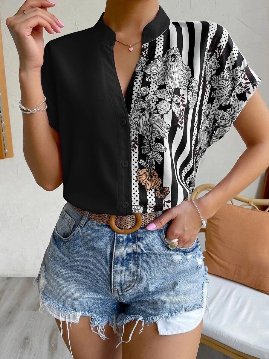 Women's Summer Double Color Matching Floral Button Blouses