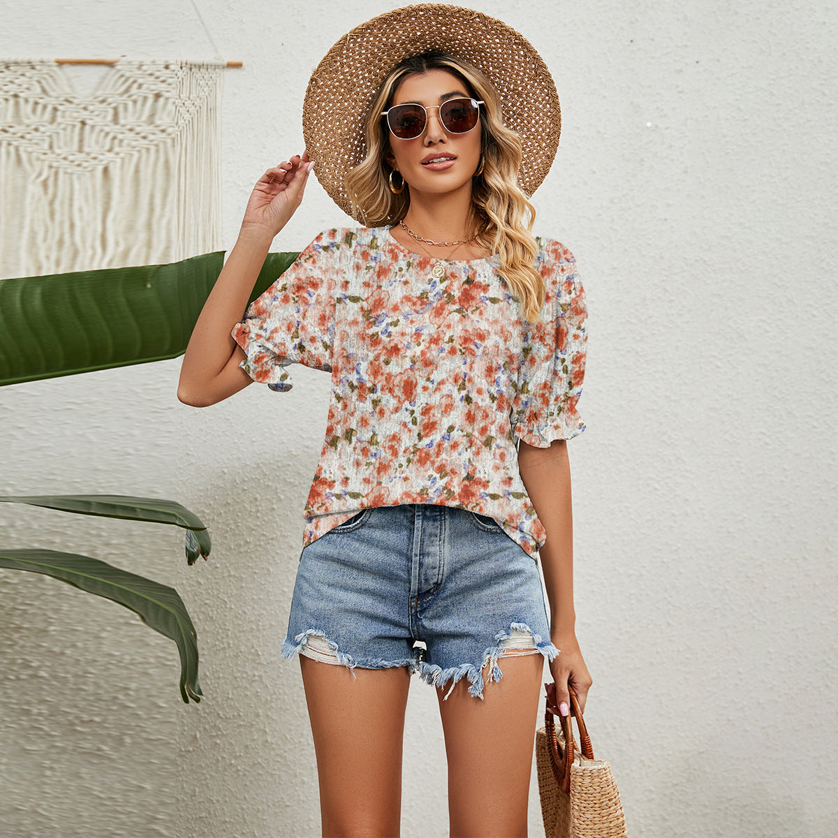 Women's Summer Floral Loose All-match Round Neck Blouses