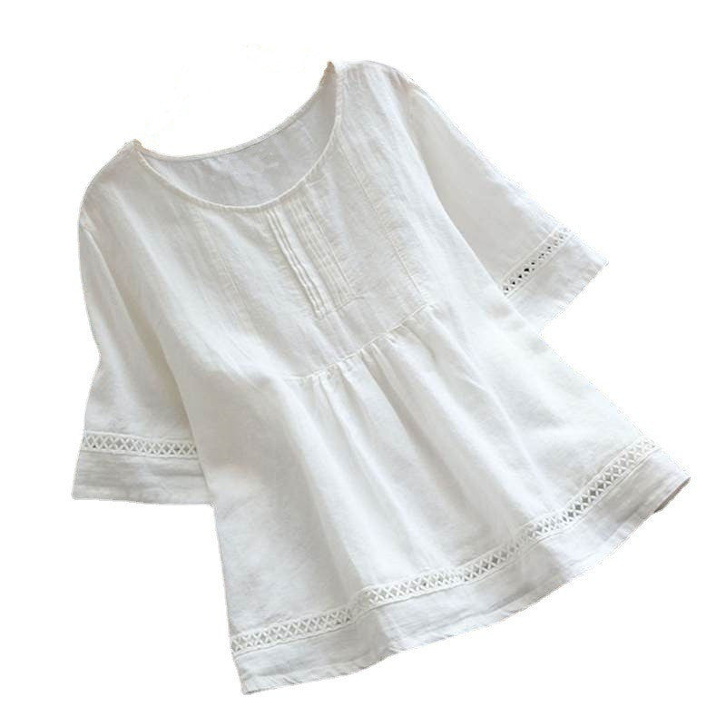 Women's Summer Solid Color Cotton Linen Half Blouses