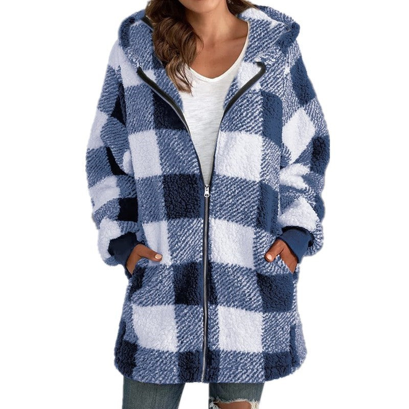 Women's Plush Long-sleeved Plaid Hooded Zipper With Jackets