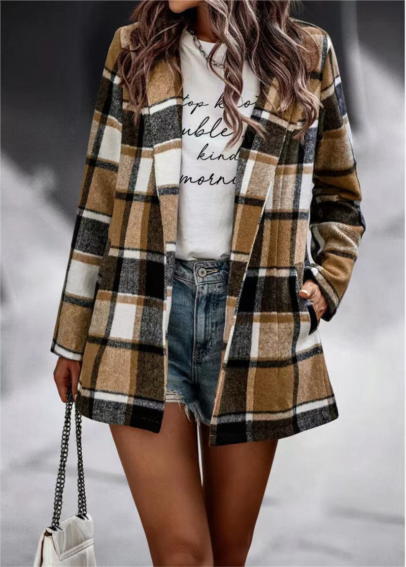 Women's Loose Printed Long Sleeve Pocket Woolen Coats