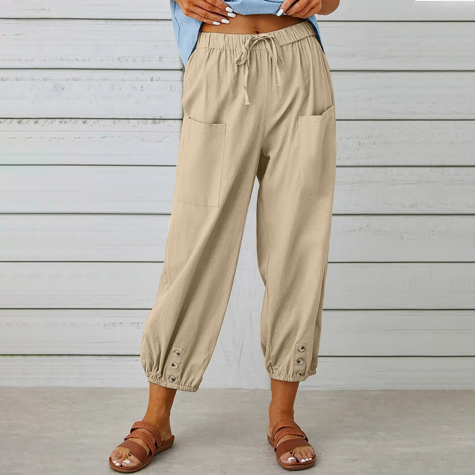 Women's Loose High Waist Button Cotton And Linen Trousers Cropped Pants