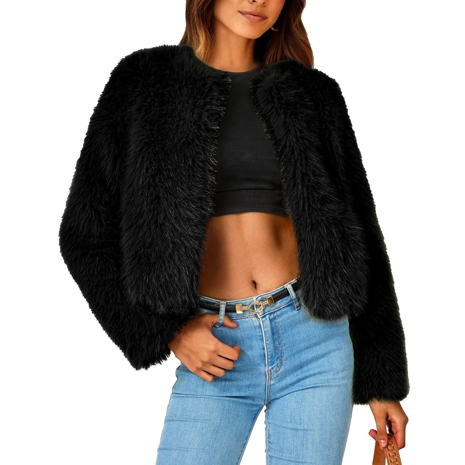 Crew Neck Imitation Fur Overcoat Light Coats