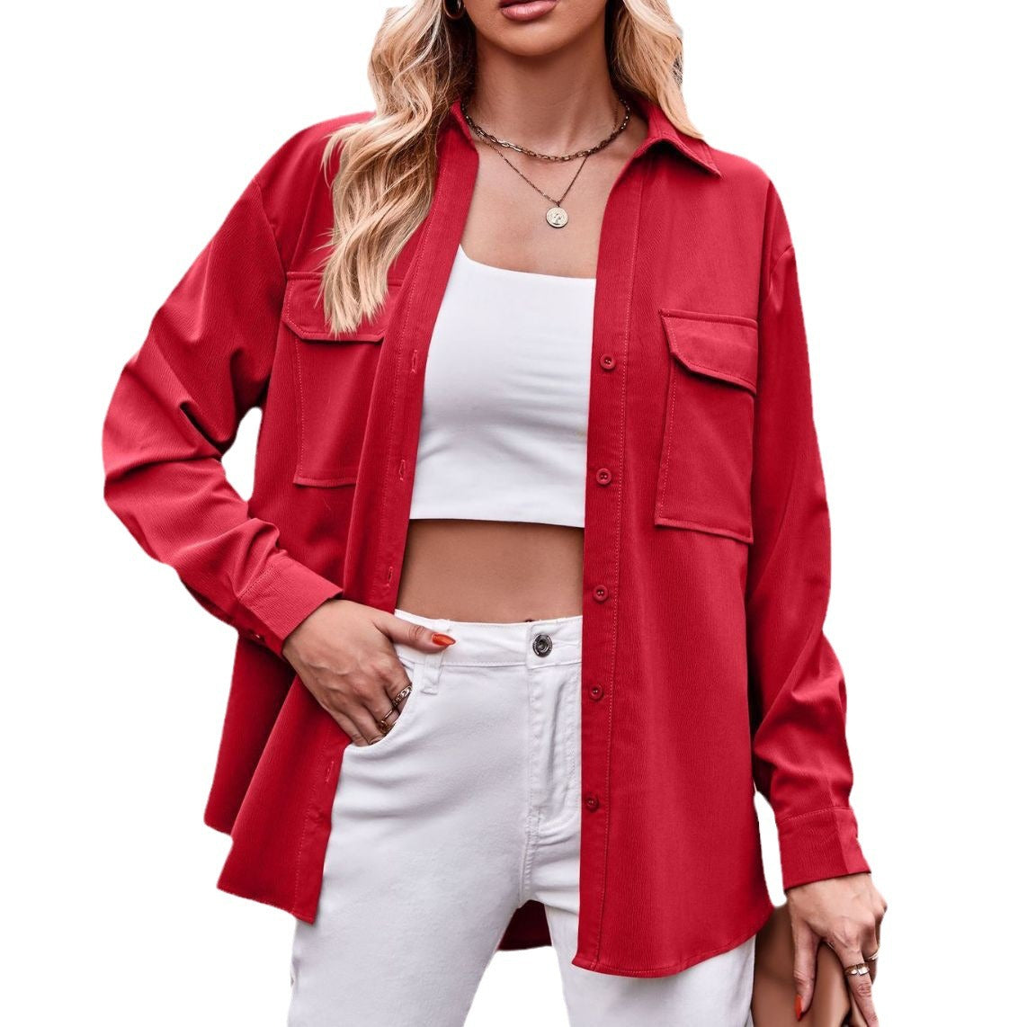 Commute Double Pocket Solid Color Single-breasted Long Blouses